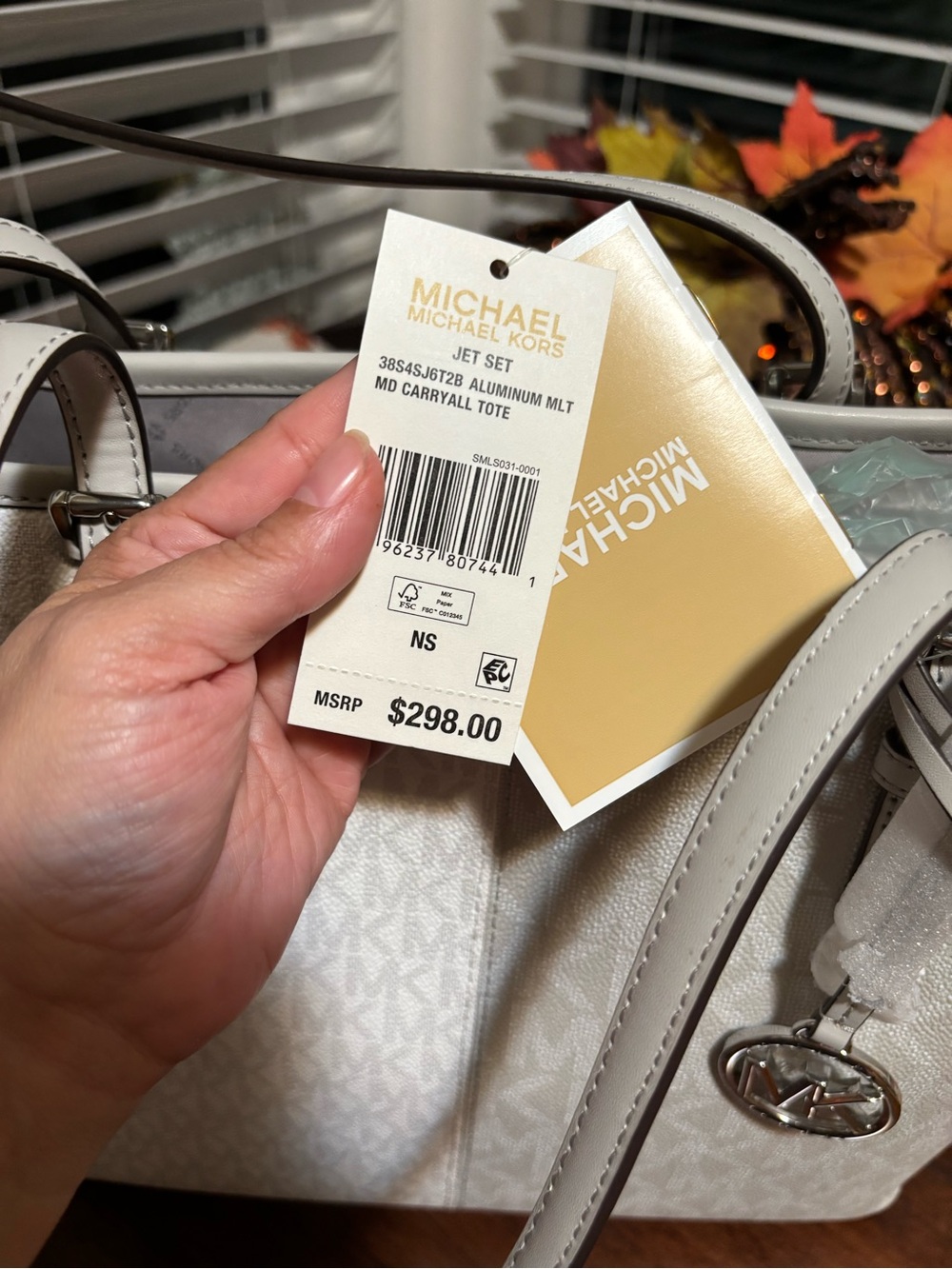 Michael Kors Light Gray Signature Tote with Logo Charm - Picture 7 of 10